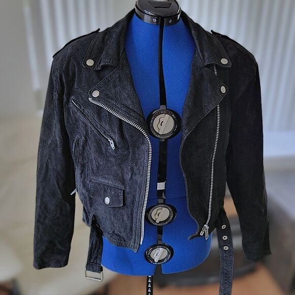 Vtg 90s Cosa Nova black nubuck leather belted moto jacket - Picture 4 of 15